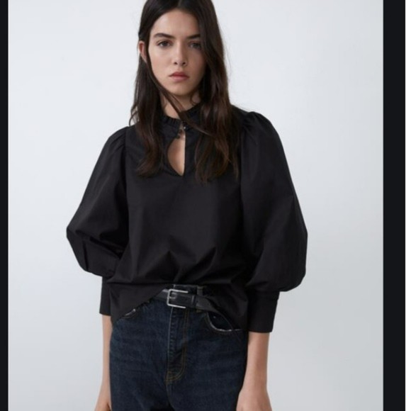 Zara Tops - Zara Black Voluminous  Poplin Top Ruffle Neck Balloon Sleeve  Size M